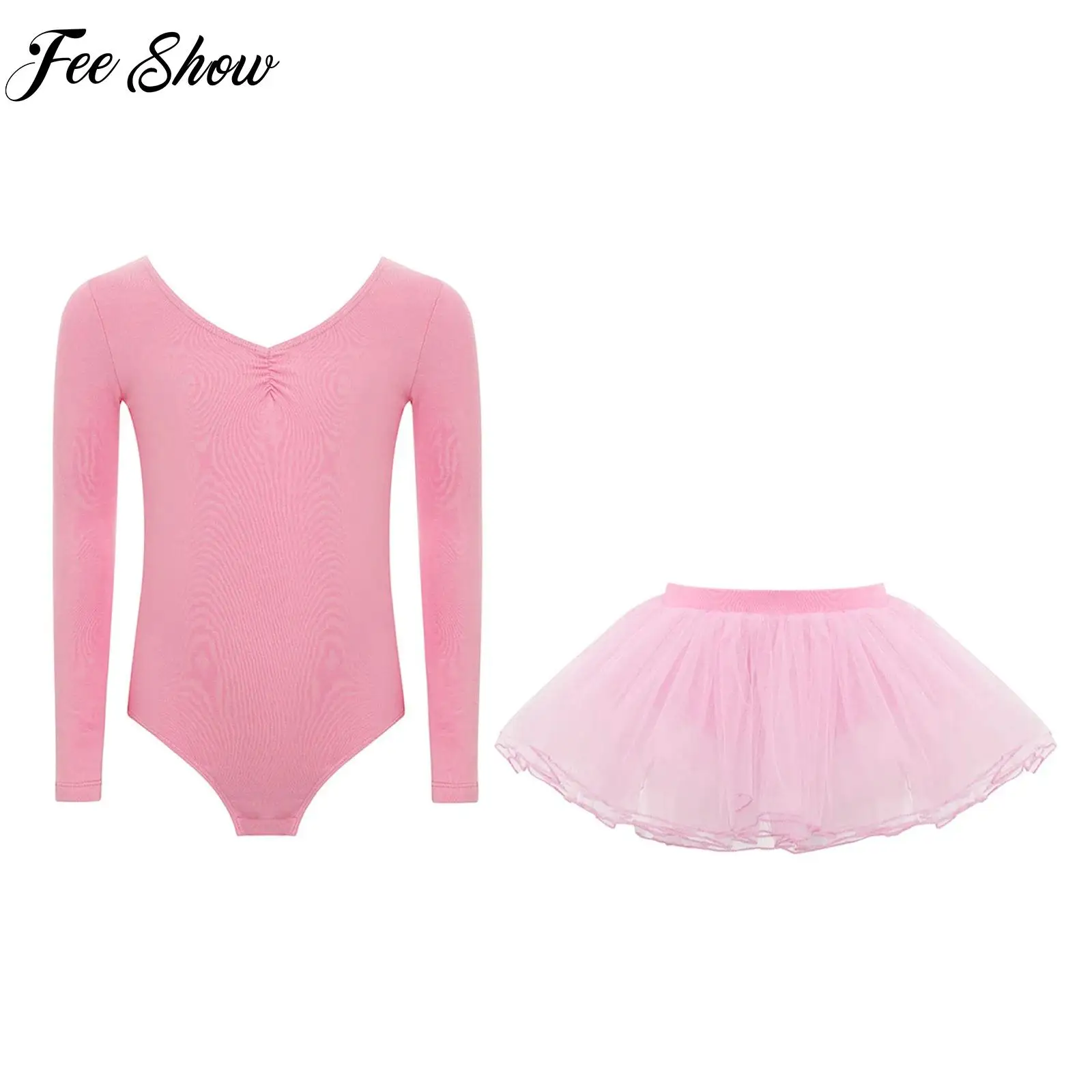 

Детский балетный костюм для девочек, гимнастический купальник с длинными рукавами и тюлевой юбкой-пачкой, комплект из 2 предметов для выступлений на сцене