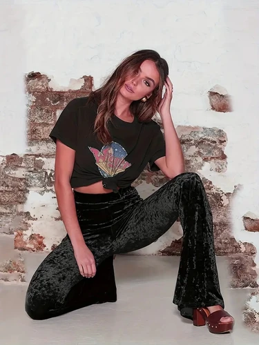 Imagen 2 del producto Pantalones de pierna acampanada de terciopelo liso, pantalones ajustados versátiles de cintura alta para otoño e invierno, ropa de mujer