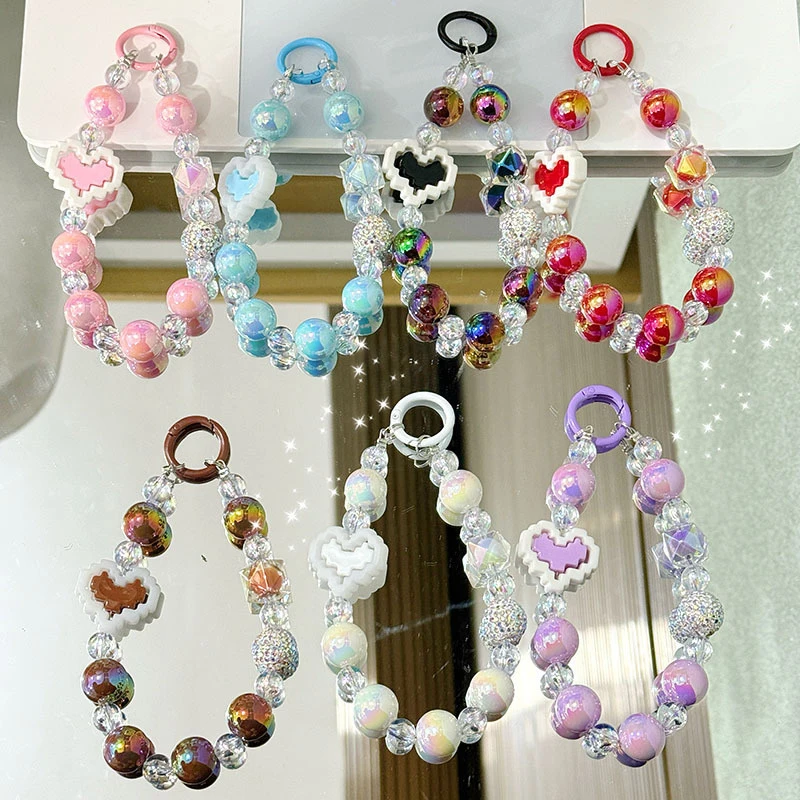 Colorful Bead Heart Phone Chain Pendant For IPhone For Smart Phone Rope Strap Key Ring Bag Decoration