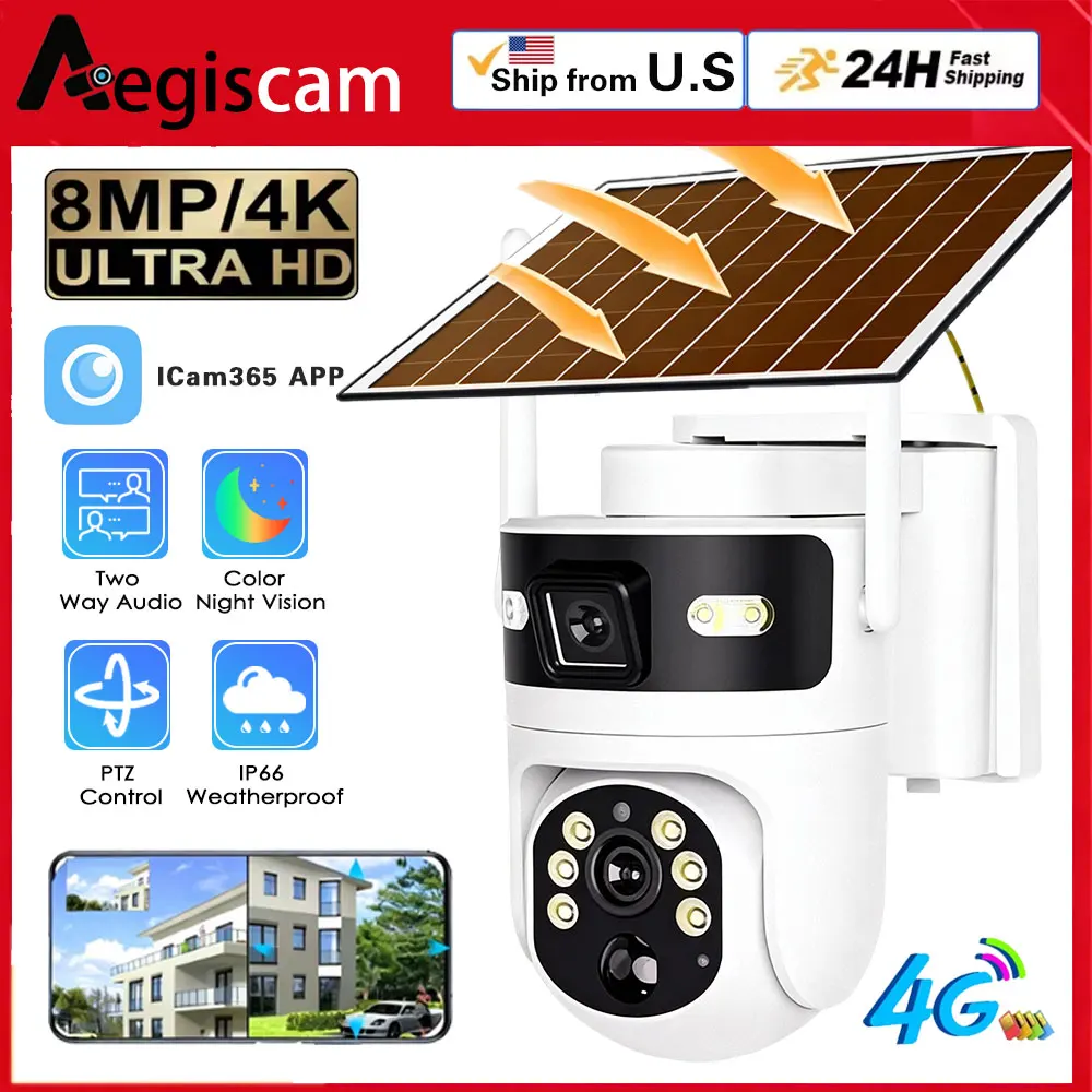 

4G Outdoor Solar Camera 8MP Dual Lens PIR Sim Card built in Color Night Vision Waterproof Security Camara Battery CCTV