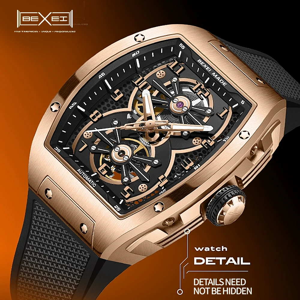 BEXEI 2025 Barrel shape Tonneau watch skeleton dial Automatic mechanical movement for men Luminous Sapphire business watch