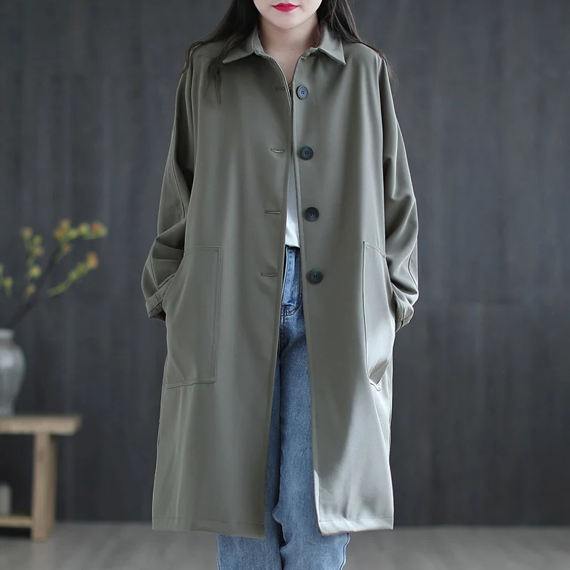 เสื้อโค้ททรงตรงสำหรับผู้หญิงไซส์ใหญ่ สไตล์เกาหลี ติดกระดุม  ใส่ได้หลากหลายโอกาส เสื้อคลุมฤดูใบไม้ร่วง แฟชั่นสำหรับใส่ไปทำงาน ทรงตรง