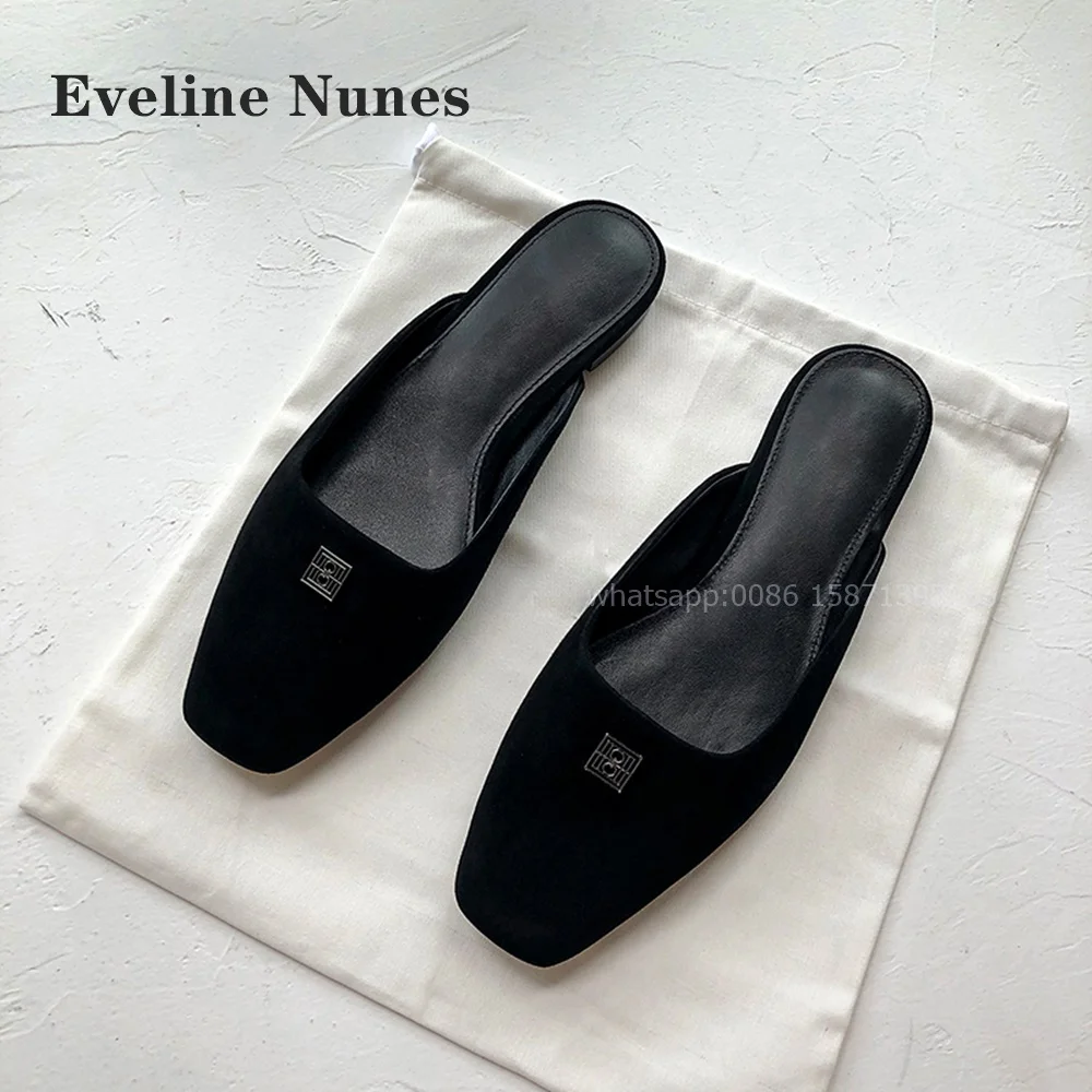 

Black Shallow Metal Decoration Mules Square Toe Flat with Slip On Solid Women Slides Kid Suede Slingback Side Air Pumps Summer