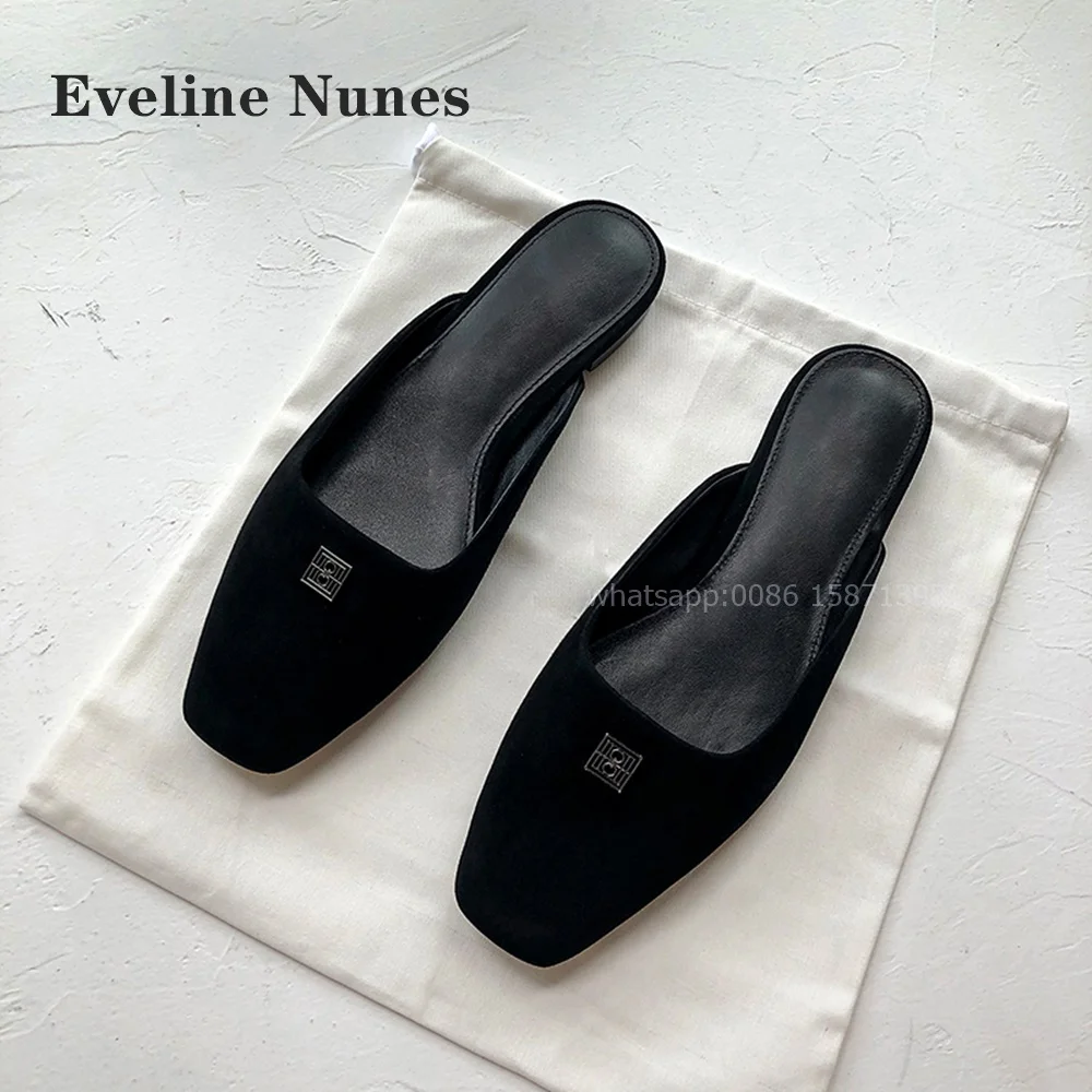 Black Shallow Metal Decoration Mules Square Toe Flat with Slip On Solid Women Slides Kid Suede Slingback Side Air Pumps Summer