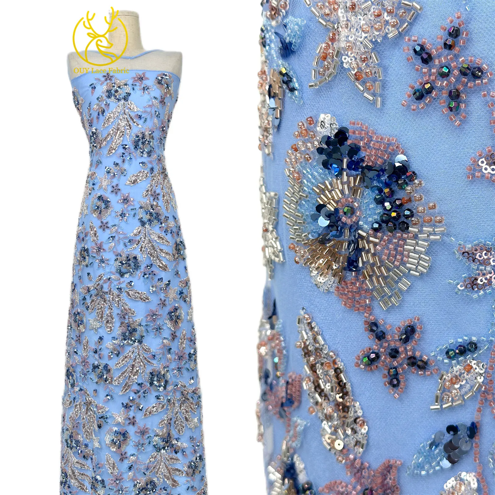Modischer nigerianischer bestickter Perlen-Spitzenstoff, eleganter afrikanischer Pailletten-Netzstoff für Brautkleider und Partykleider zum Nähen – Detail 6