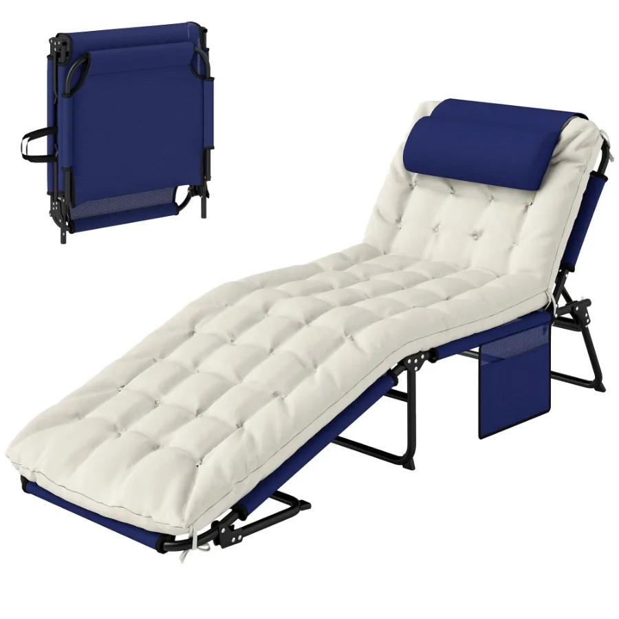 

Folding Chaise Lounge Pool Chair with 4level Reclining Back Cushion Side Pocket rest Navy Blue