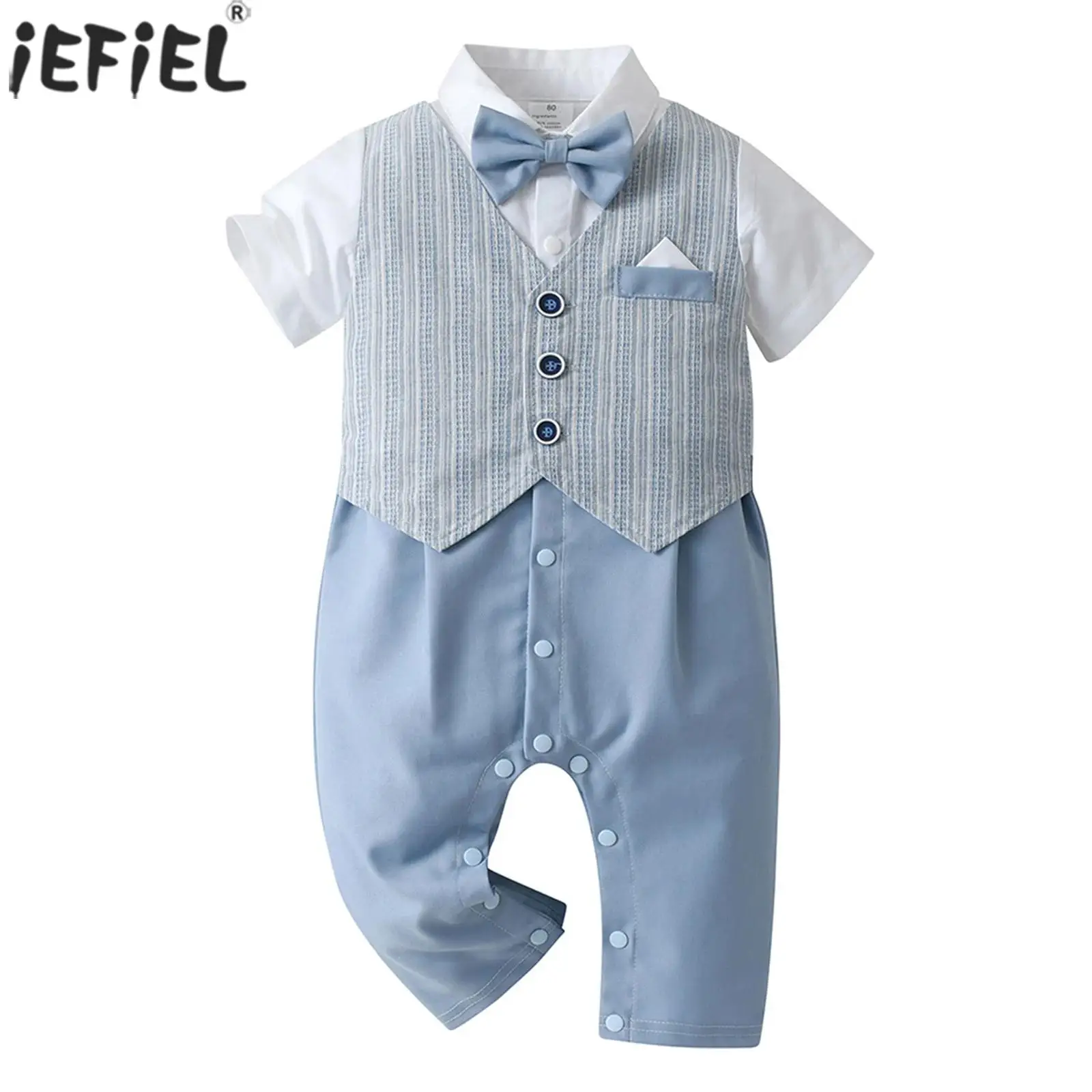 

Baby Boy Birthday Party Gentleman Suit Short Sleeve Shirt Romper Jumpsuit with Bow Knot Fake Waistcoat Cotton Summer Clothes