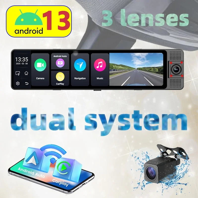 2024年 12インチ Android 13 カーDVR 8コア 4G LTE バックミラー型ドライブレコーダー 3レンズ 前後内側録画 4GB+64GB HDタッチスクリーン