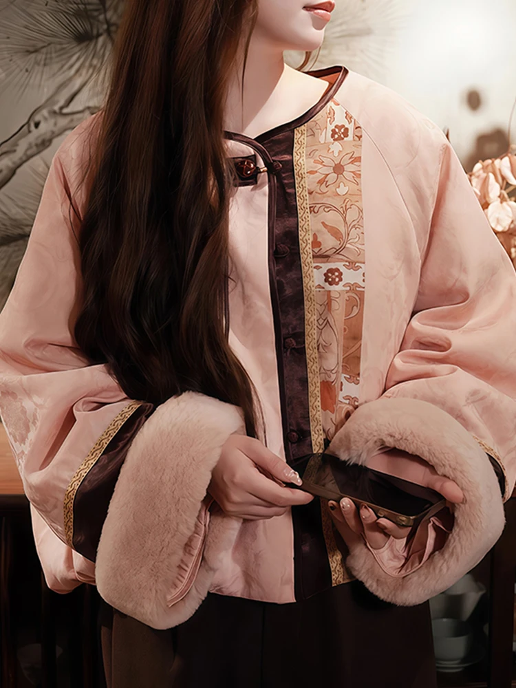 

Розовое утепленное хлопковое пальто для женщин, новинка зимы 2026, в китайском национальном стиле, на пуговицах, повседневное