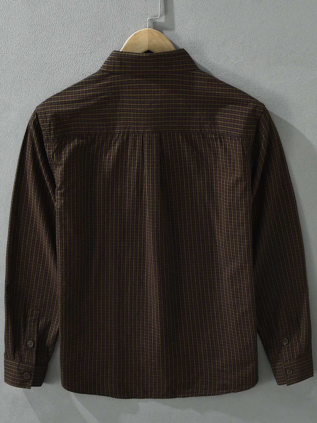 Japanese Style Men's Long Sleeve Shirt Gradient Plaid Casual Pure Cotton Vintage Trendy Button up Loose Fit Pocket Detail