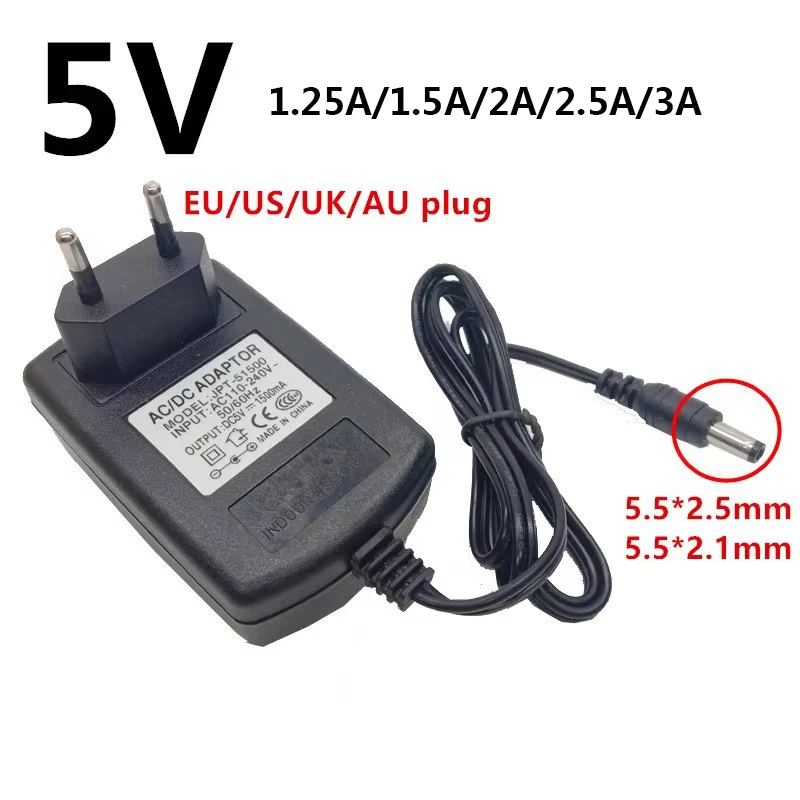 5V 5 Volt AC DC Universal Power Supply Adapter 1.25A 1.5A 2A 2.5A 3A Adaptor 220V To 5 V 5.5mm*2.5mm Adaptador UK AU US EU Plug