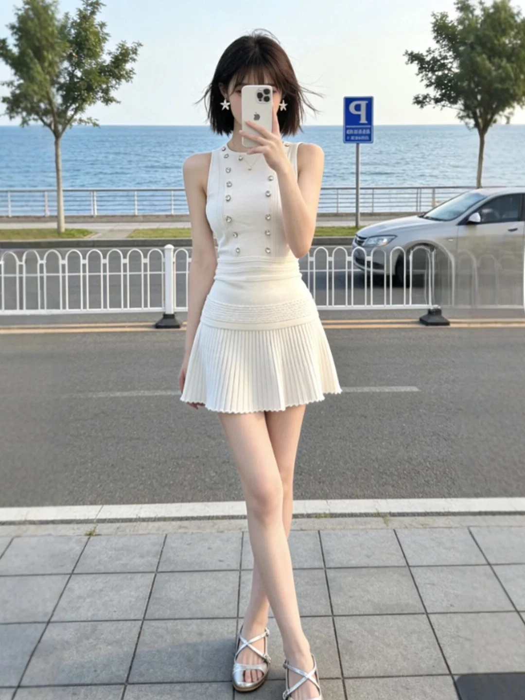 Fashionable Knitted Top And Skirt Two-Piece Set Comfortable Cotton Blend round Neckline Short Sleeve Summer Outfit for W...