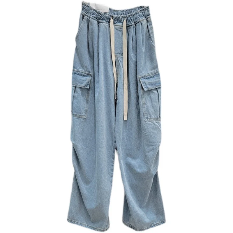 

Elastic Waist Loose Casual Cargo Jeans Female New High Waist Straight Large Pockets Pants