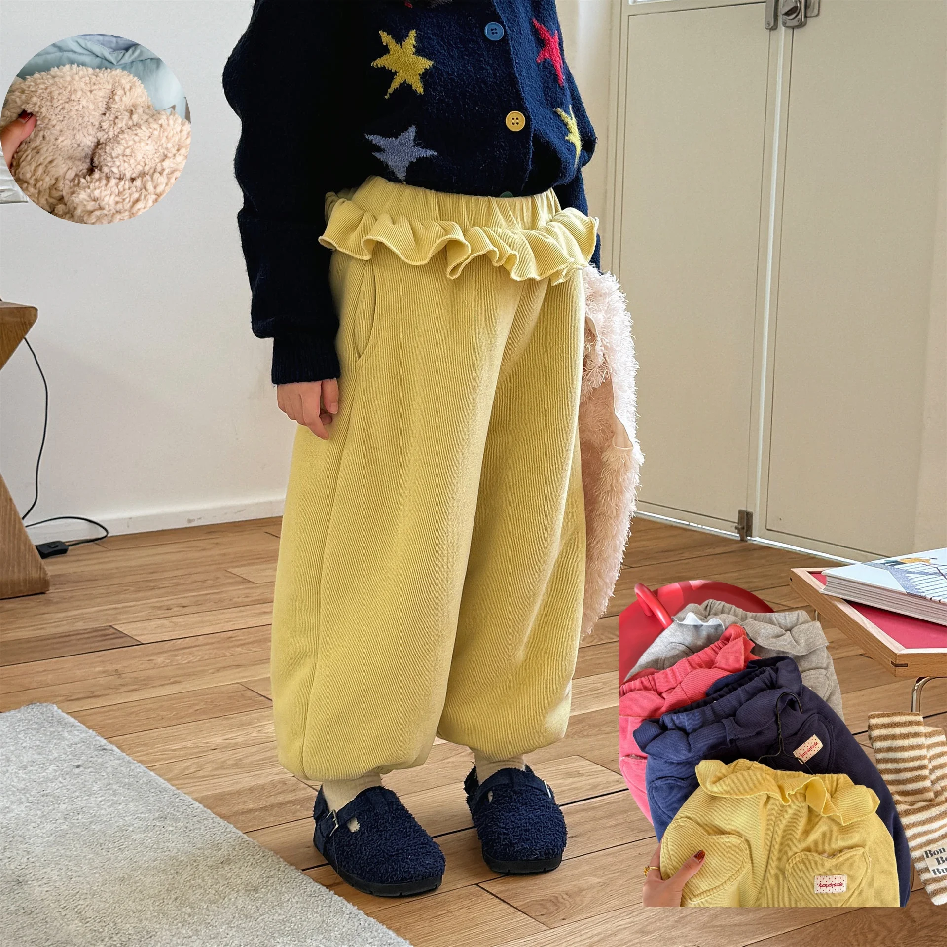 

1-6Y Girls Fleece Lined Pants Kids Cotton Sweatpants Warm Ruffle Waist Heart Pocket Casual Loose Trousers Children Winter Outfit