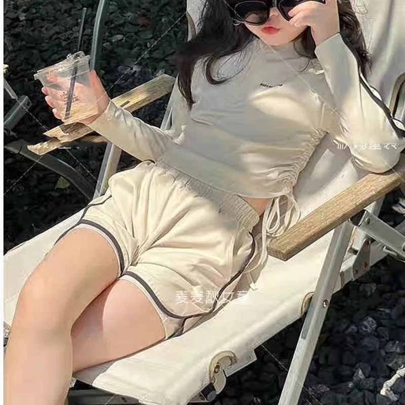 Sunscreen Clothing Girls 2024 Summer Crew Neck Zipper Spliced Pleated Casual Basic Long Sleeve Elastic Shorts Swimwear Sets