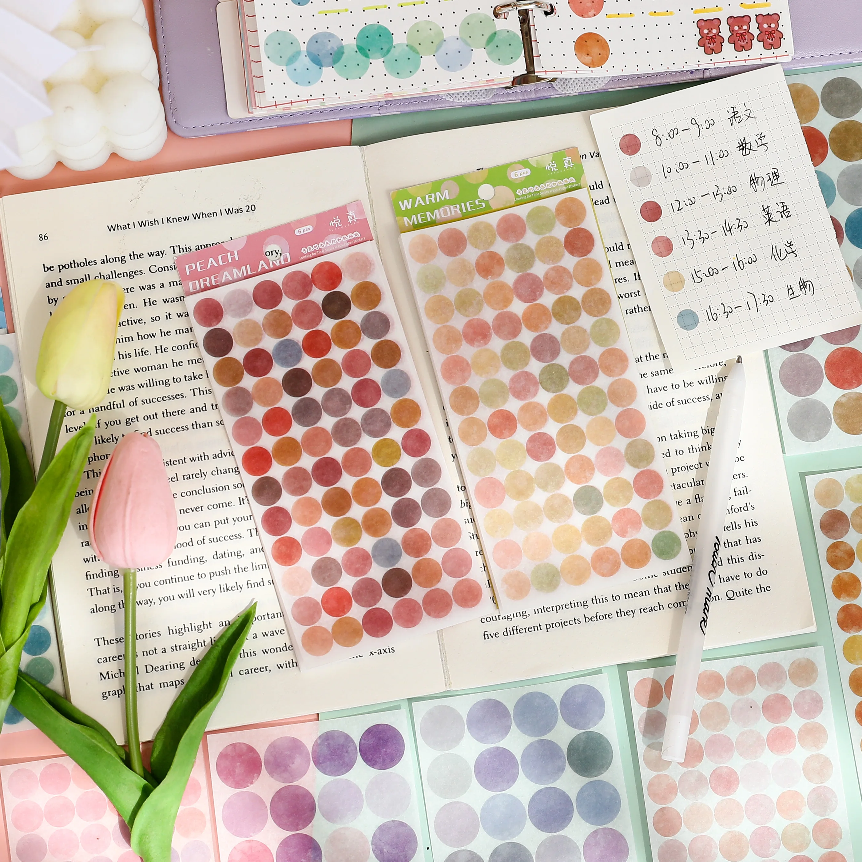 6sheet Find Time Round Stickers Multi Color Dots Marker Sticker Note Decoration for Diary Schedule Album A7055