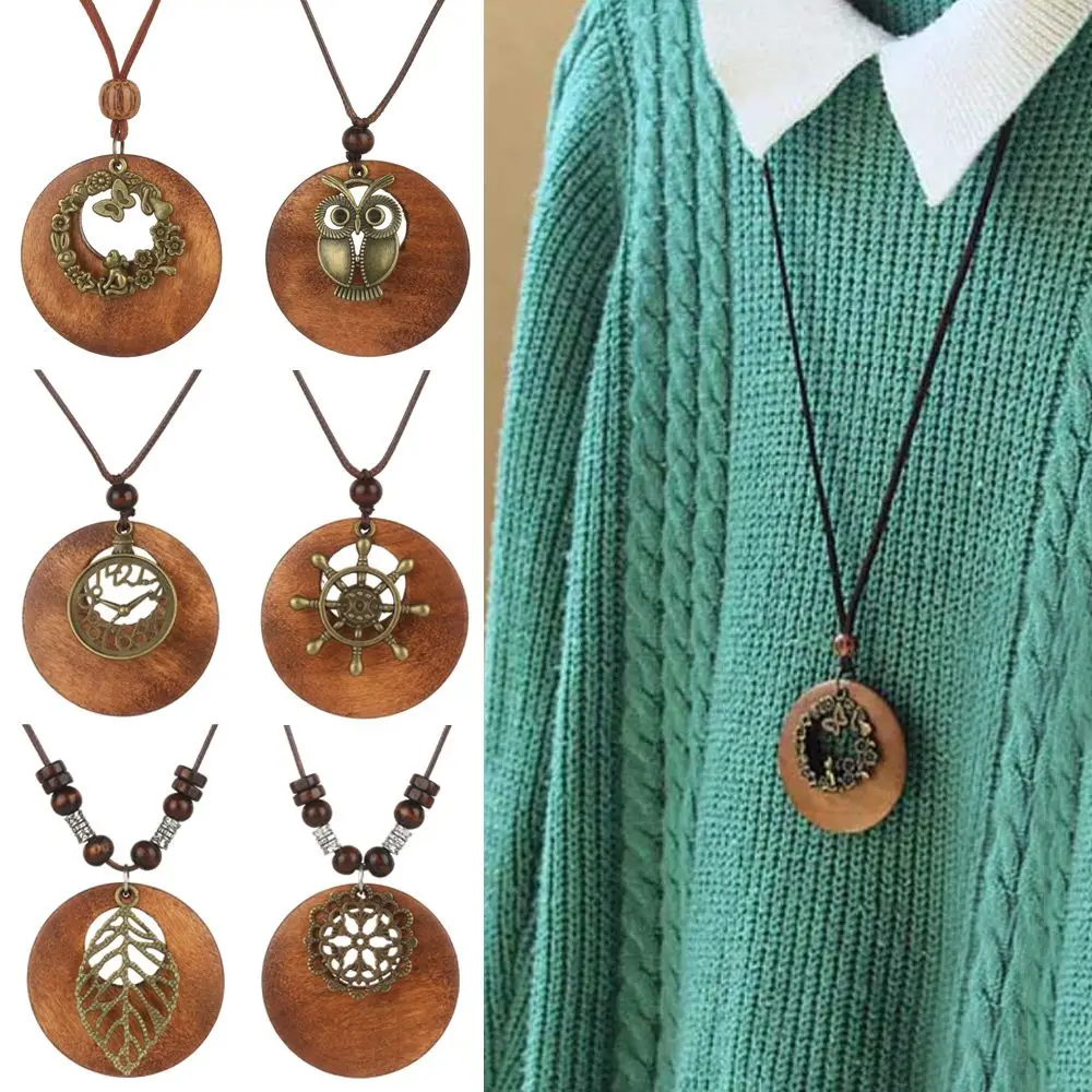 Retro Ethnic Round Wooden Leaf Owl Long Sweater Chain Women Vintage Clock Pendant Female Jewelry Neck Accessories Gifts Collar