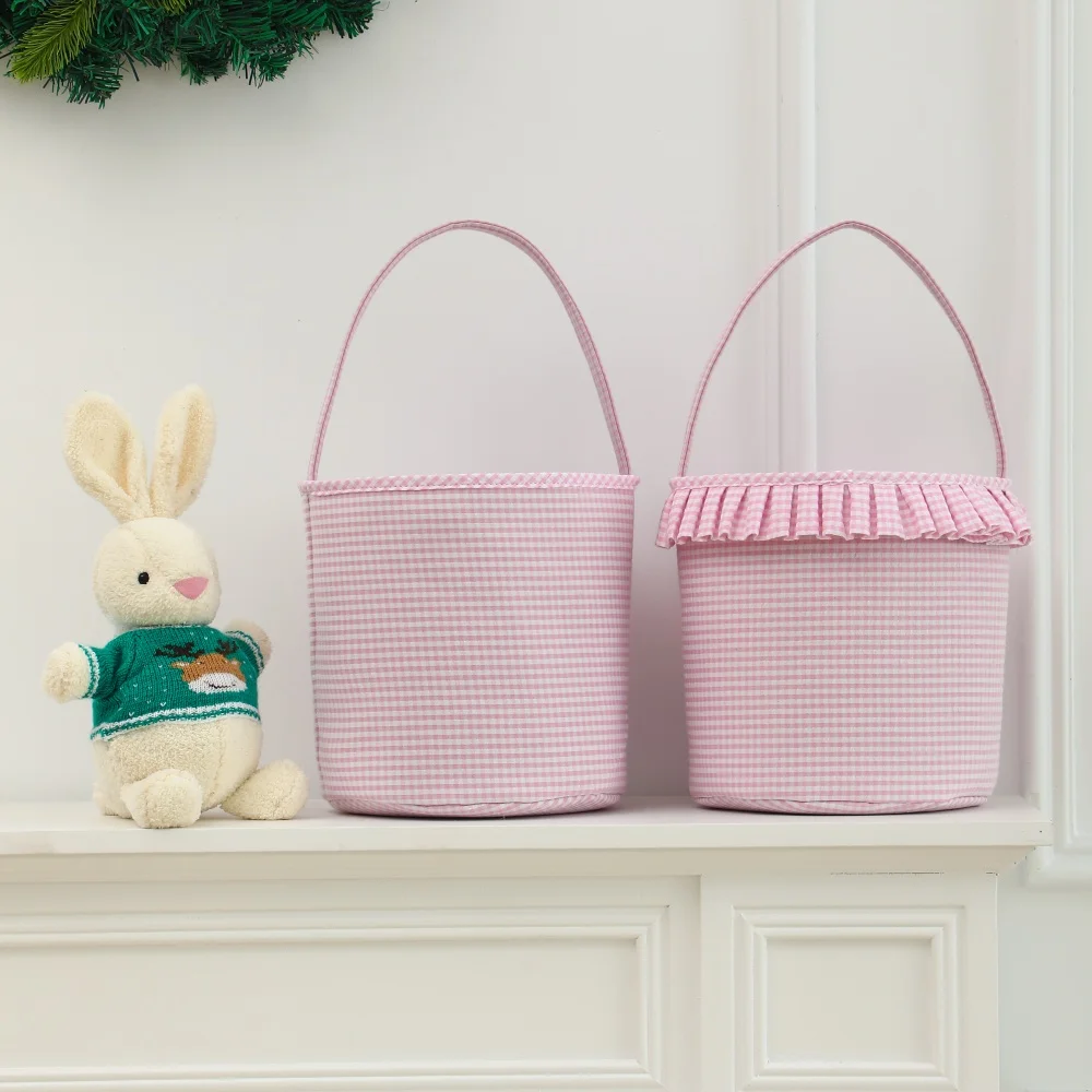 Ruffle Easter Basket Seersucker Plaid Checkered Candy Gift Tote Bag For Kids Spring Easter Party Home Festival Decorations