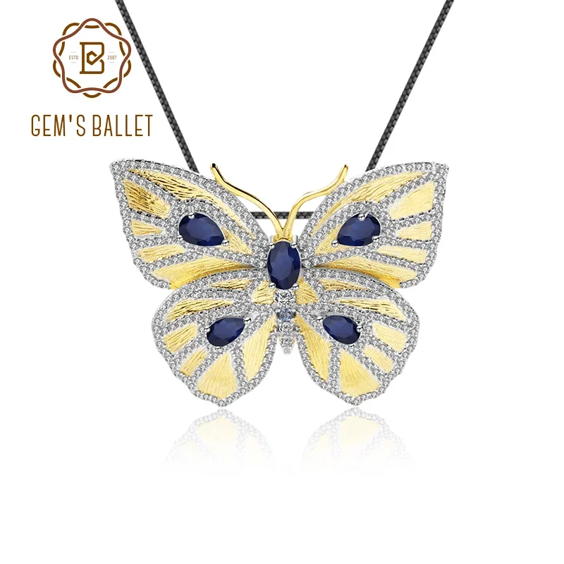 

GEM'S BALLET Elegant Women Brooch Pendant 925 Sterling Silver Gold Plated Naturally Diffused Sapphire Butterfly Fine Jewelry