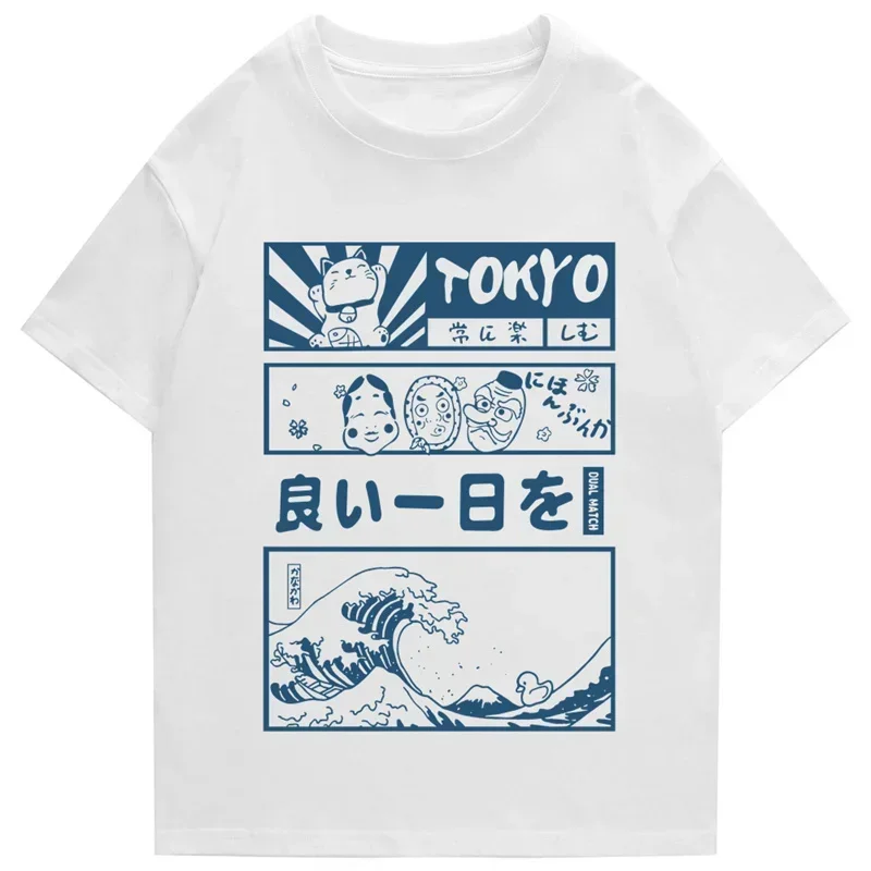 Men Hip Hop Streetwear T-Shirt Japanese Kanji Cartoon Great Wave Tokyo T Shirt Harajuku Cotton Short Sleeve Women Tshirt Summer