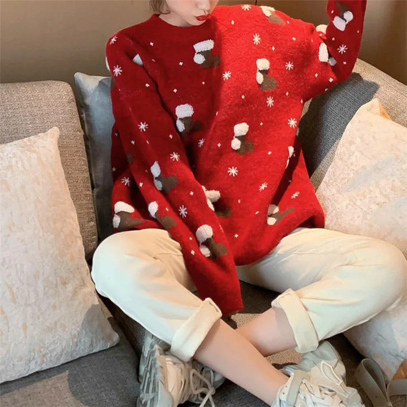 

Yaminiya Autumn/winter Fashion Christmas Pullover Loose Socks Snowflake Sweater Oversized Sweater Women 2025 New Tops Festive