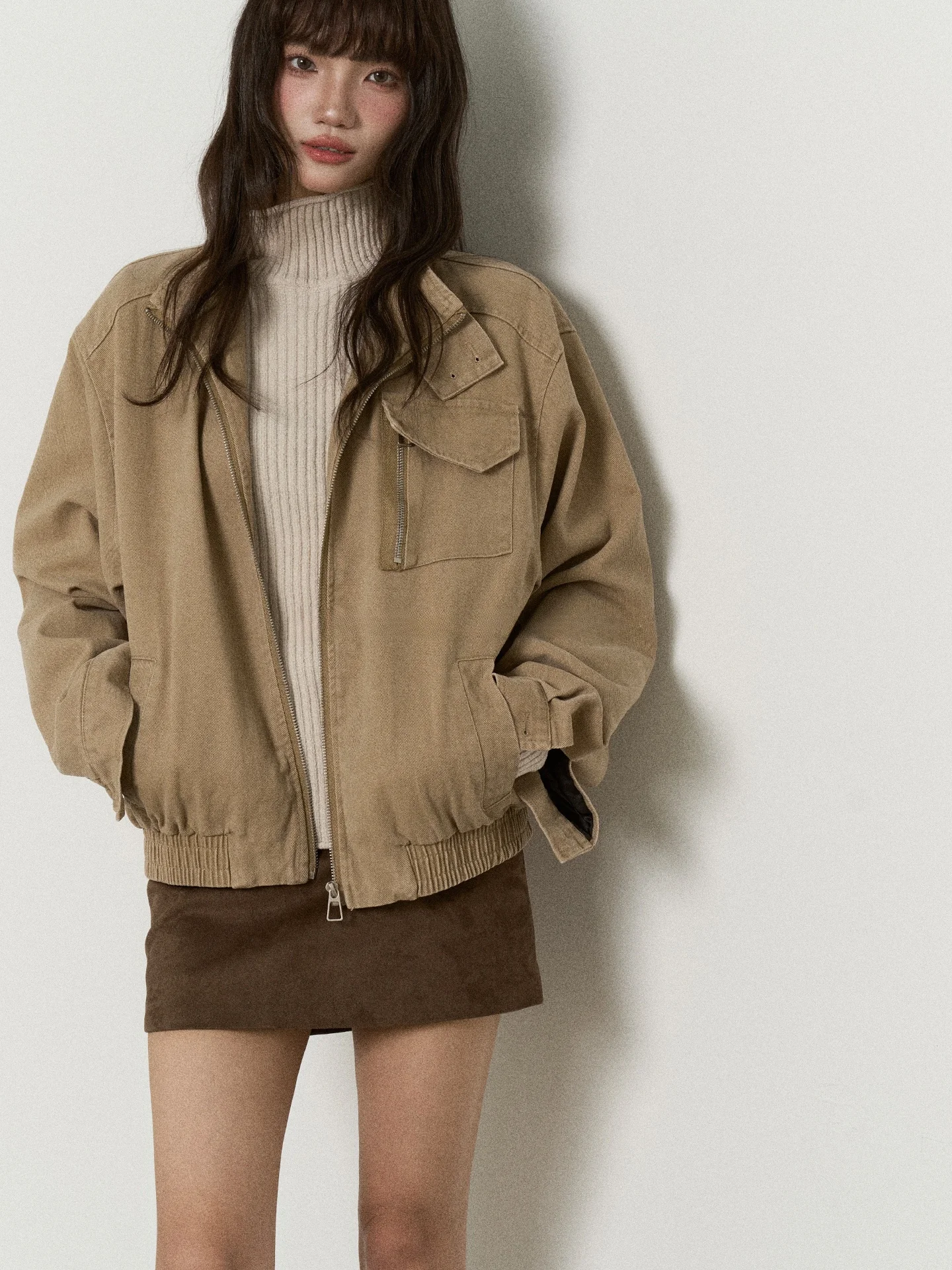 

Flower7 Retro Casual ort Stand Collar Workwear Sle Jaet Women Spring Cotton Zipper Korean Sle Pure Color Jaet