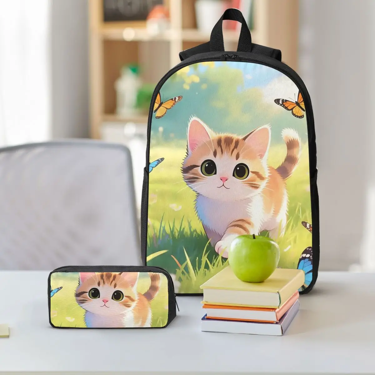 A Kitten Living In Nature In Grass Backpack Student BookBag School Bag Shoulder Bags 3ps Insulated Lunch Bag Pencil Case