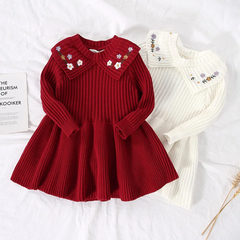 

New Clothes spring autumn 1-7y Knitted embroidered princess dress red 90-140 children kids baby girls kids clothes knitting