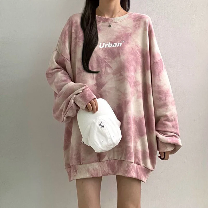 Mulheres Coreano Estilo Retro Vintage Letter Tie Dye Imprimir Casual Loose Sweatshirt O Pescoço Manga Longa Pullover Streetwear Outono 2023