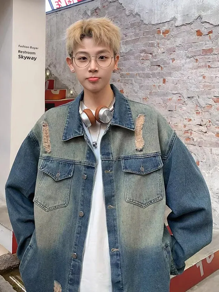 

American Retro Blue Ripped Denim Jaet Men's Spring Autumn Casual Workwear Jaet High Street Vibe Waed out Jaet
