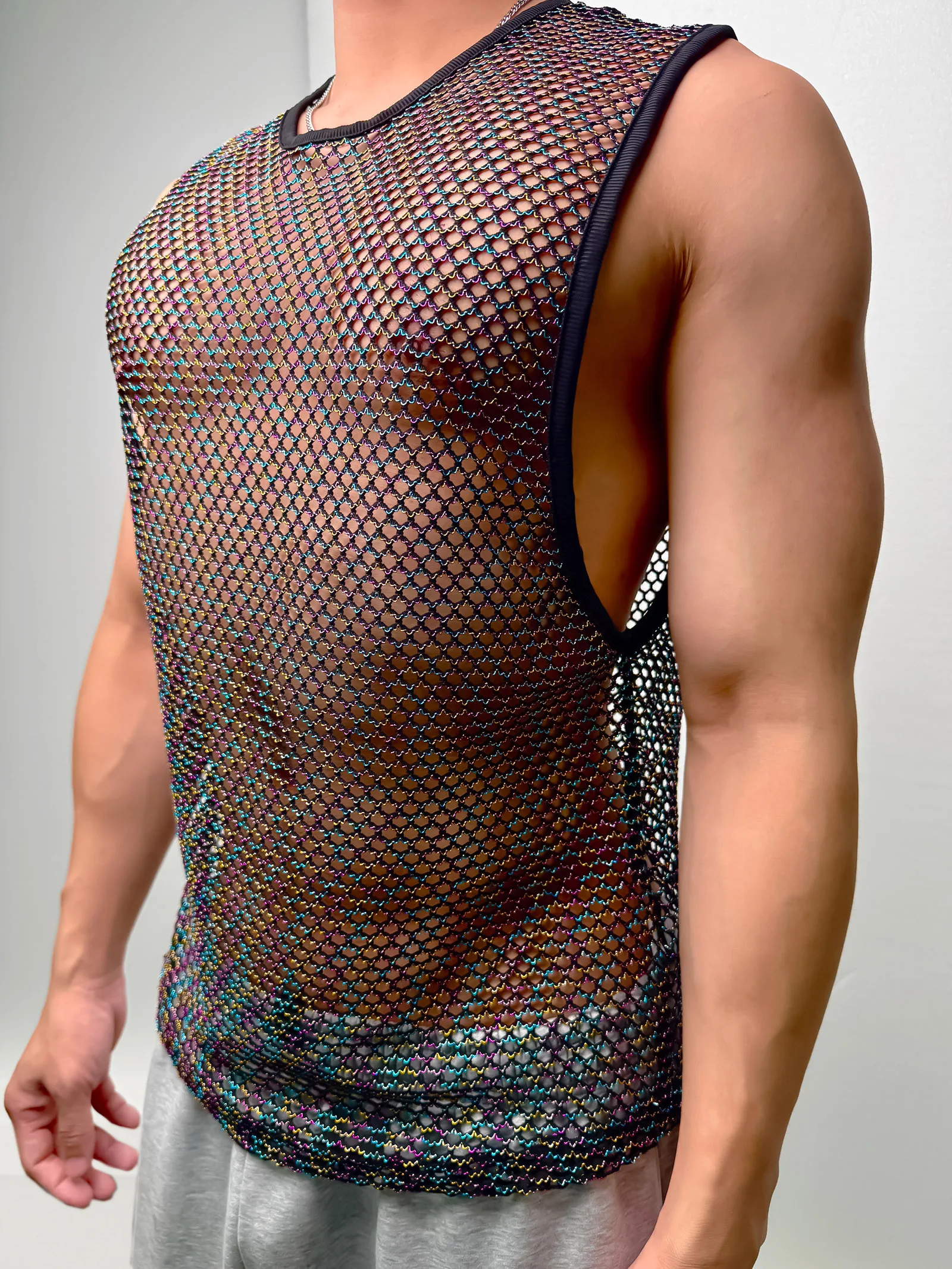 Sommer Herren Rundhals Sport-Tanktops, Hohles Netzgewebe, Ärmellos, für Laufen, Fitness, Training, Sportweste, Glänzend, Durchsichtig – Detail 9