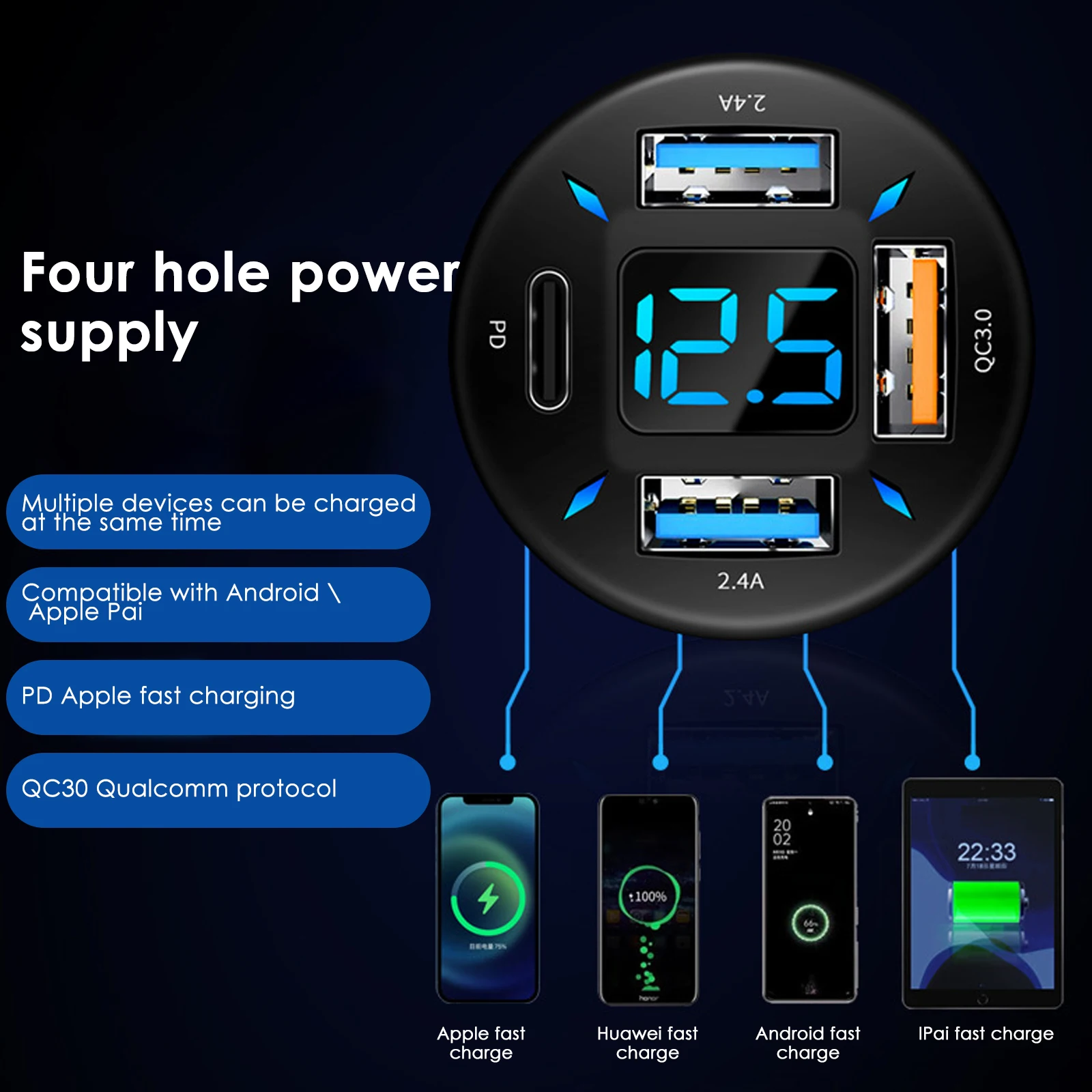 New 22.5W/66W 4 Ports USB Quick Car Charger Voltage Display QC3.0 Fast Charging Auto Adapter Cigarette Lighter Socket Splitter