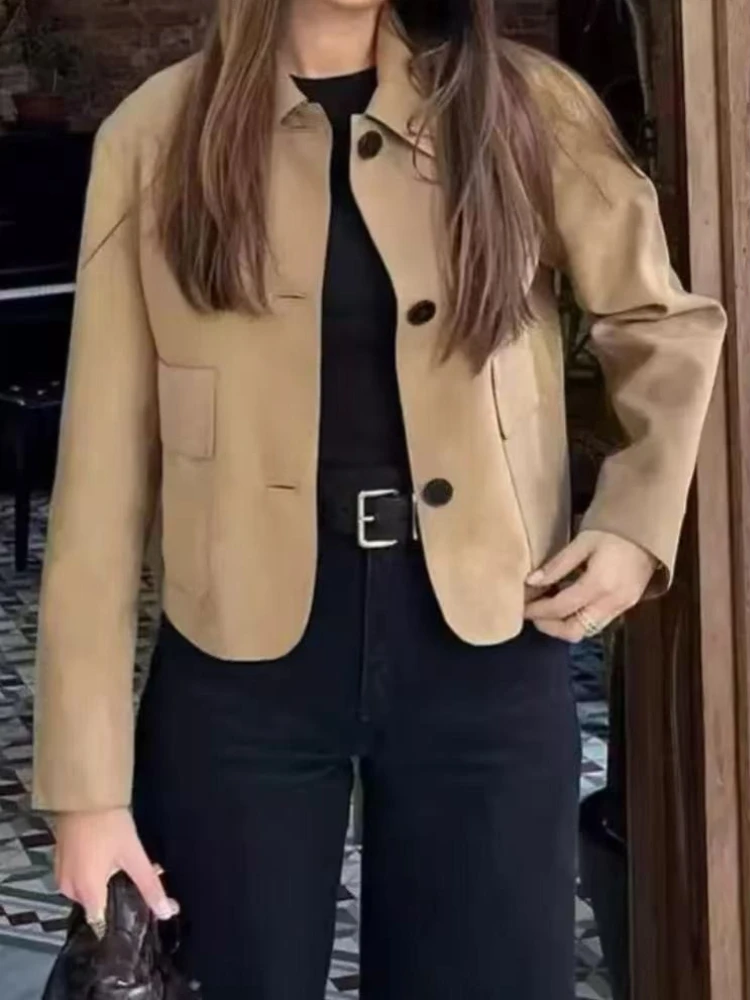 

New in Autumn Vintage Suede Cropped Jacket for Women Lapel Long Sleeve Short Coat Chic Pocket Casual Short Jacket Outerwear