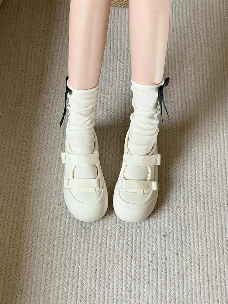 All-Match Shoes Woman 2024 Round Toe White Sneakers Shallow Mouth Clogs Platform New Casual Small Creepers Lace-Up Fabric Rubber