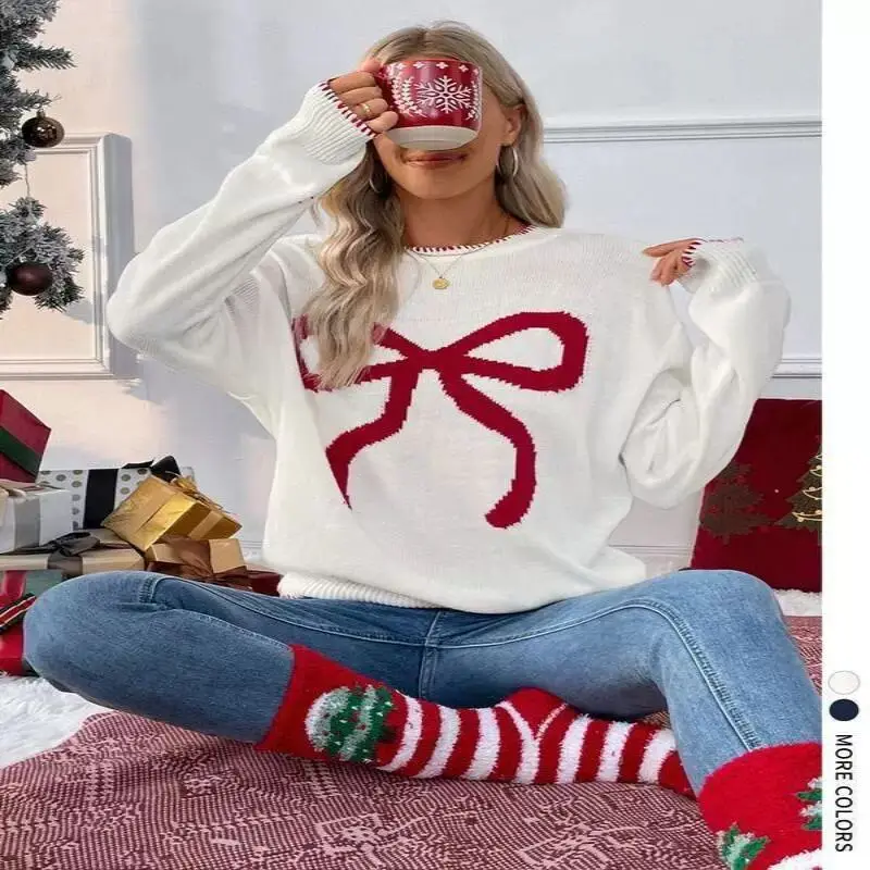 Women's Sweet Loose Fit Long Sleeve round Neck Christmas Sweater Comfortable Knitwear for Ladies Other Material 100%