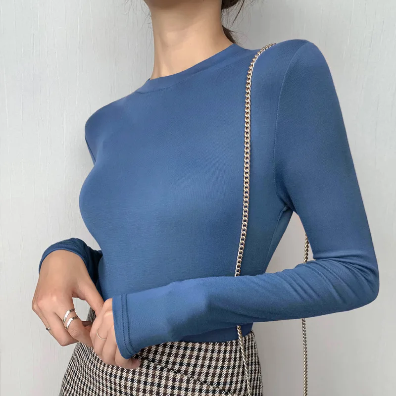 Damska koszulka z długim rękawem, okrągły dekolt, uniwersalna, markowa, bazowa, wewnętrzna koszulka damska, topy i t-shirty dla kobiet, nowy model 2026.