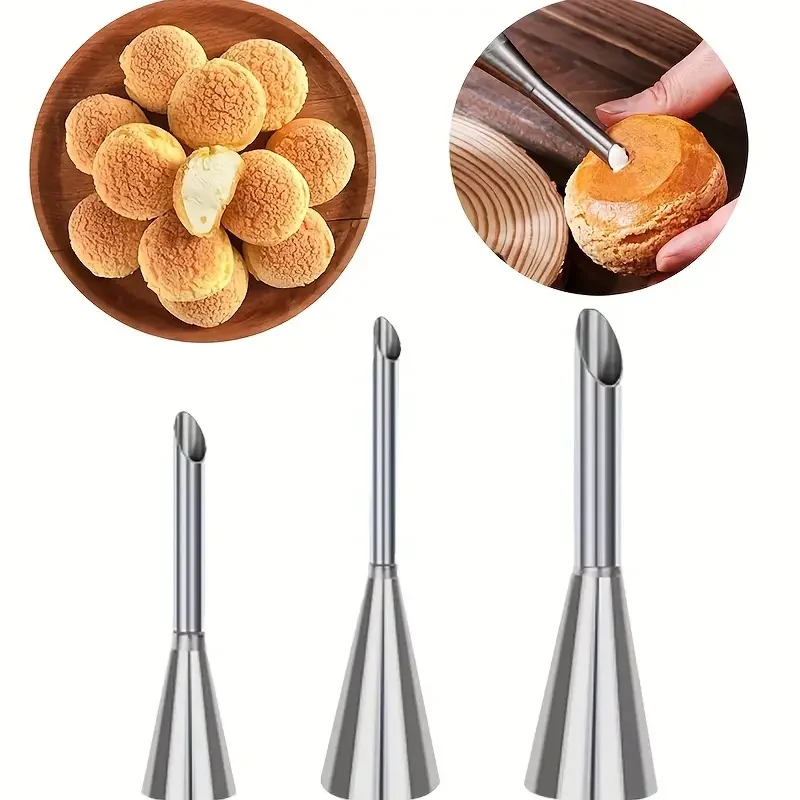 3pcs Cream Icing Piping Nozzle Tips,Stainless Steel Cream Puff Nozzle Decor Pastry Icing Piping Decorating Tools,Baking Supplies