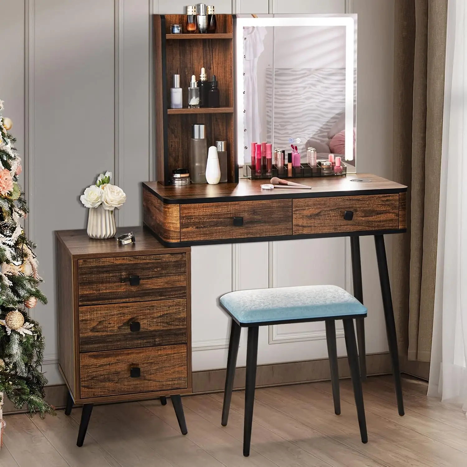 Makeup Use, Wood Material, Multiple Lighting Sets and Storage Vanity Table with Stool