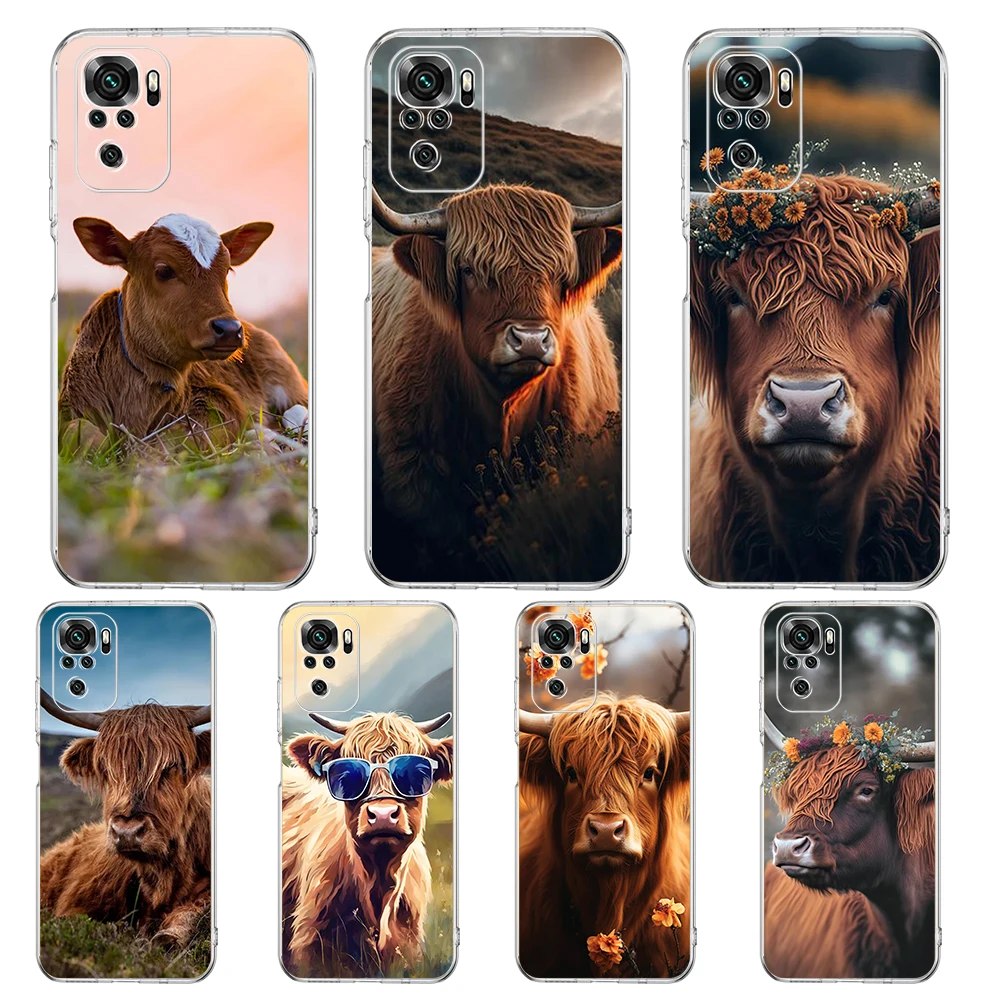 Transparent Phone Case for Redmi 13C 12C 10C Note 13 12 11 11T K40 Gaming Plus Pro 4G 5G Soft TPU Cover Shell Cute Highland Cow
