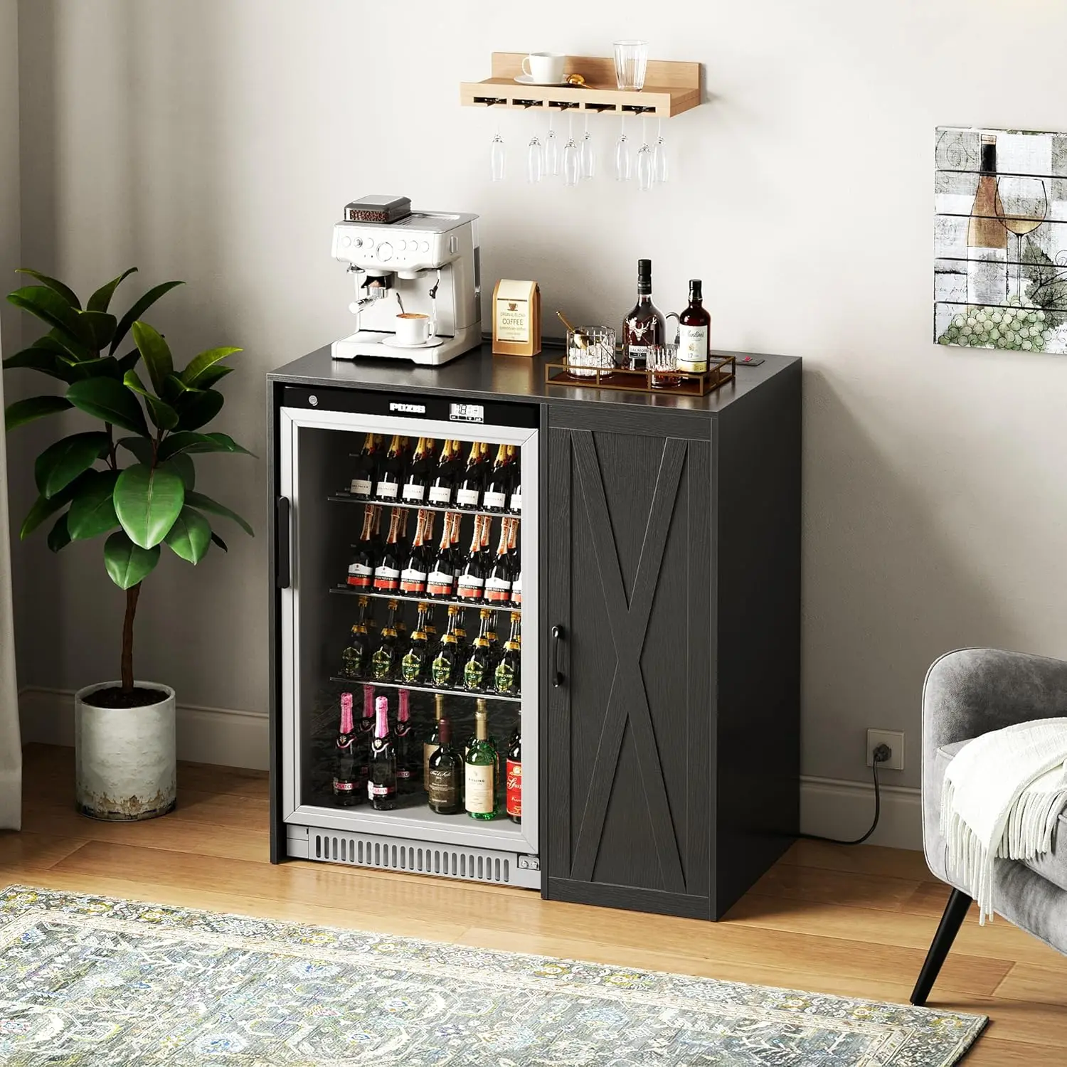 Mini Fridge Cabinet with Storage & Outlet, Coffee Bar Cabinet | Fits 24