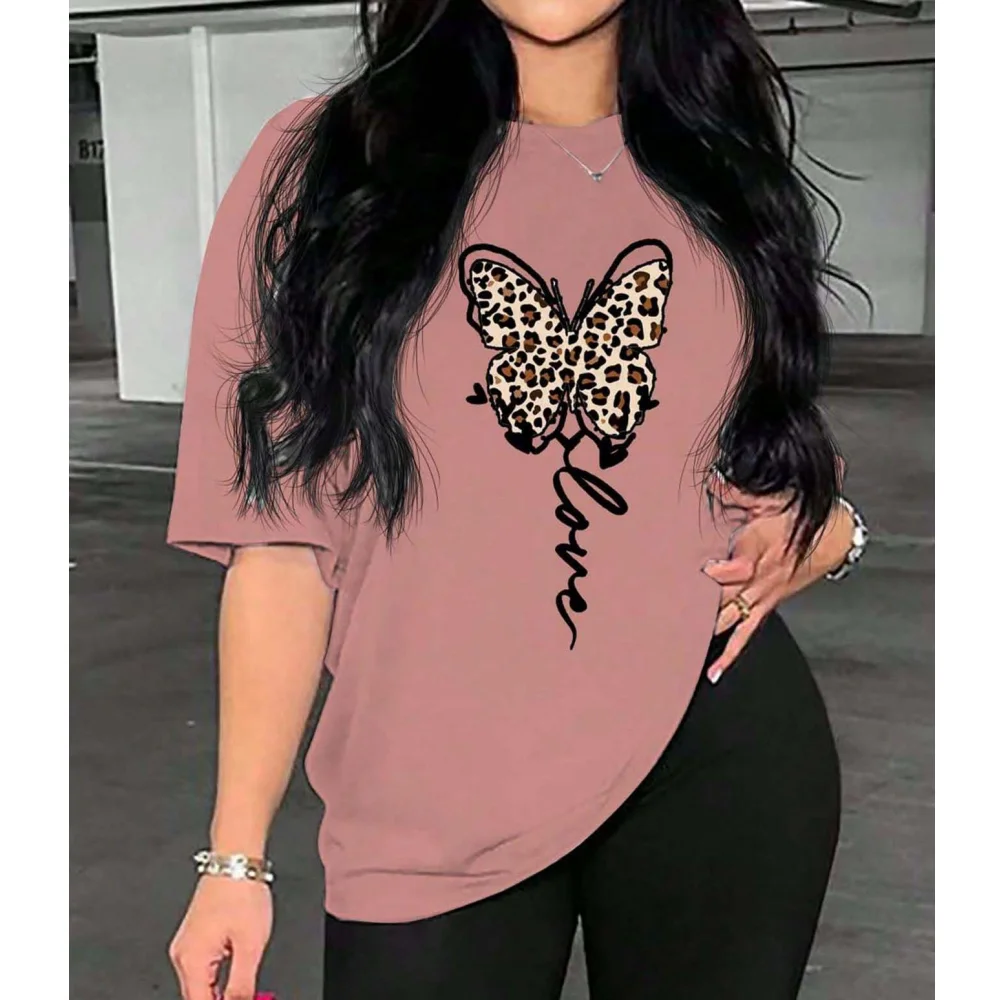 Leopard Love Heart Print Women's T Shirt Street Fashion Short Sleeve White T-Shirt Plus Size Tops Casual Round Neck Tee Tops