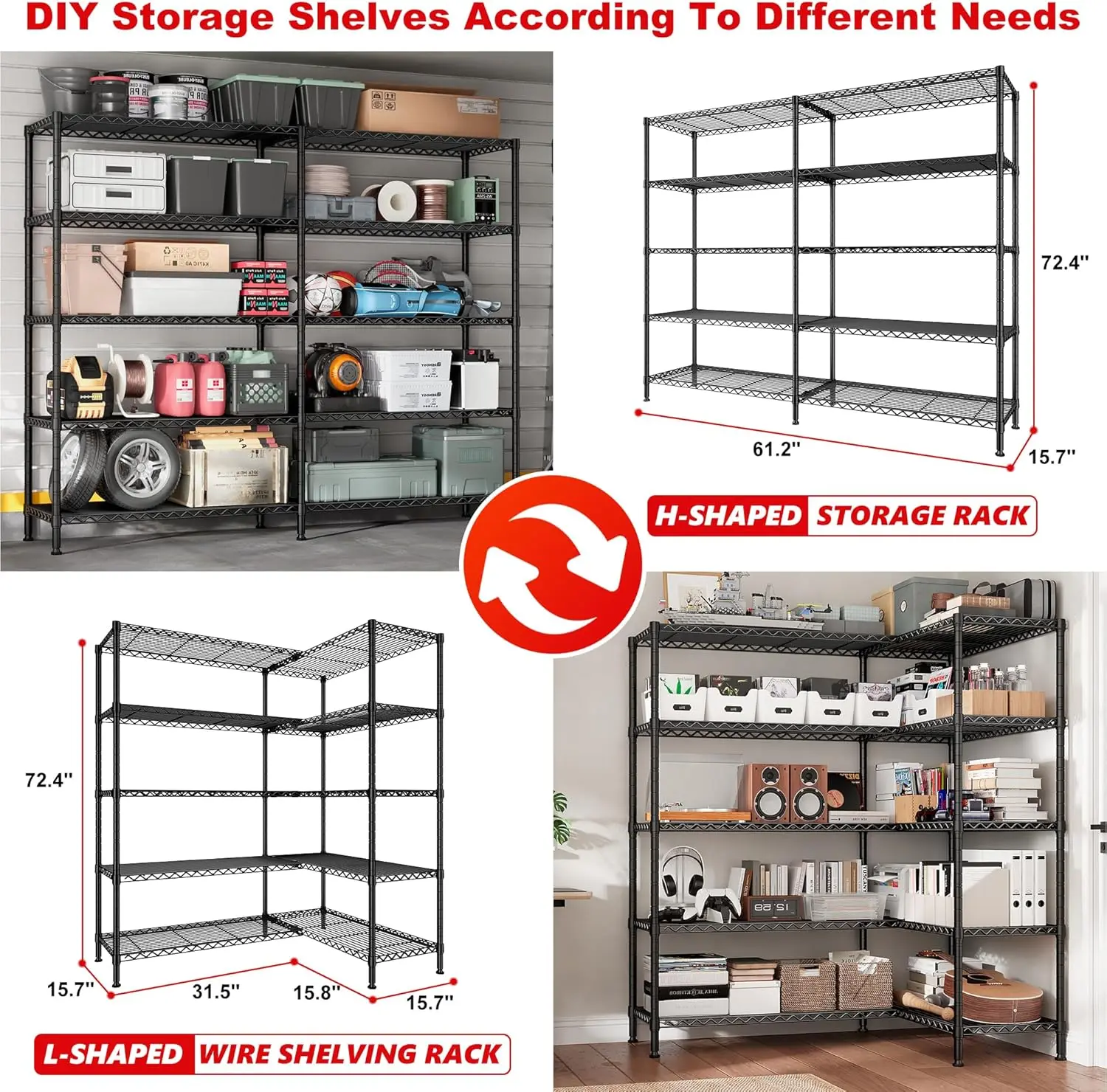 61.2'' W  Shelves 5 Tier Wire  Rack Adjustable Metal Unit Heavy Duty Steel Shelving for Storage Rack Metal