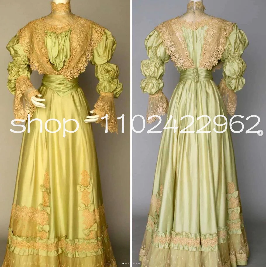 Mint Green History Garment Prom Dresses High Neck Long Sleeve Victorian Corset Walking Civil War Evening Gown Customsized Costum