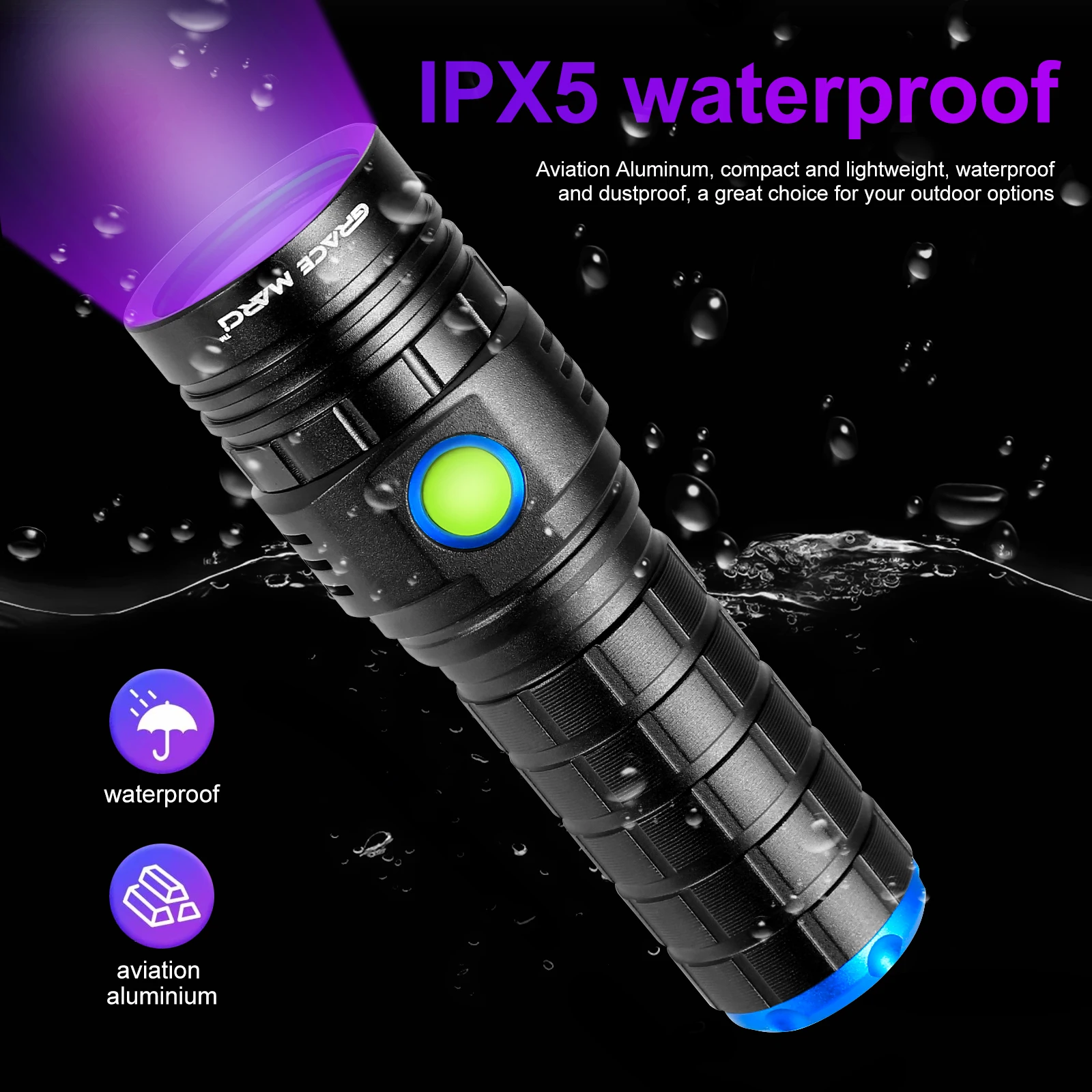 TopCom 60W Powerful 365nm UV Flashlight Aluminum Alloy Orange Peel Reflector Filtered Black Light Detector Handheld Rechargeable