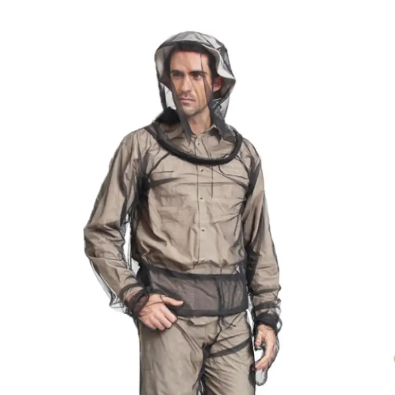 保護狩猟、釣り、ハイキング用メッシュフード付き防虫ジャケットスーツ、防蚊ネット、ミットメッシュ服、キャリーポーチ