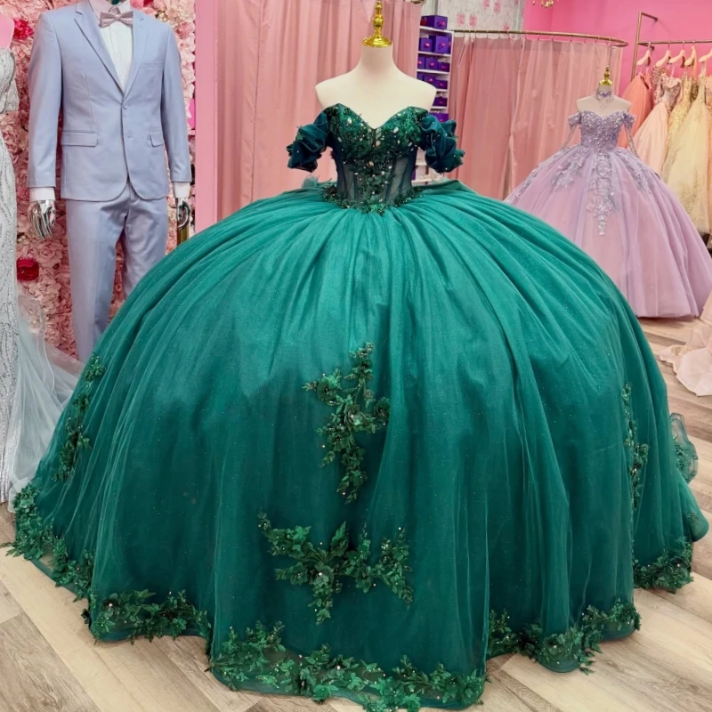 

Черно-зеленые блестящие платья Quinceanera с открытыми плечами и аппликацией из цветочных бусин, корсет из тюля для вечеринки, дня рождения, милое платье 16, Vestidos