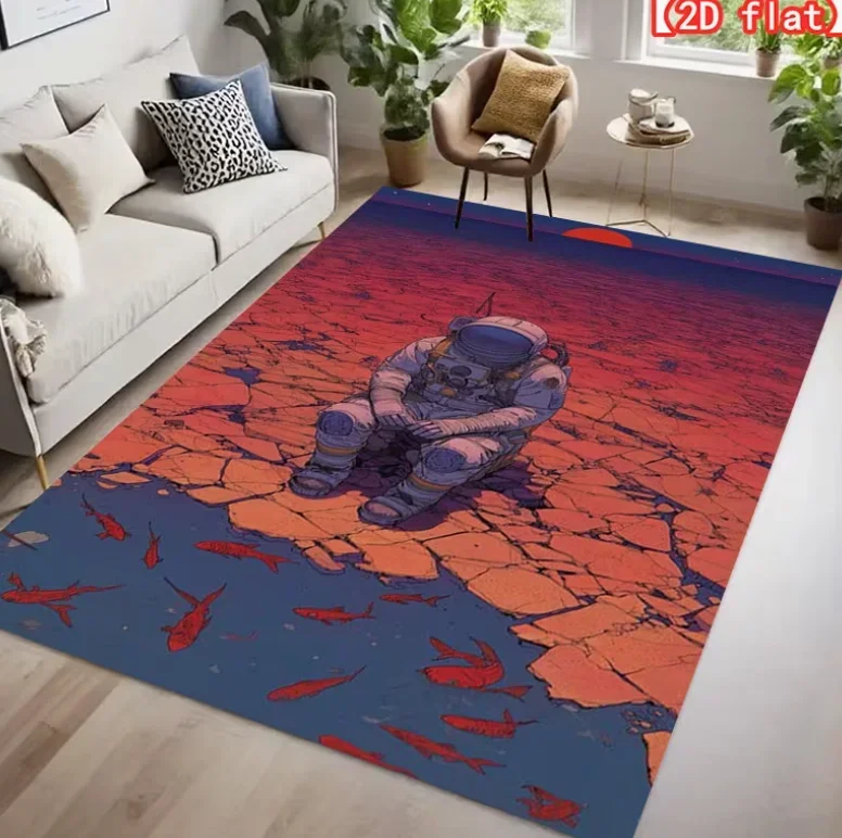 2D Flat Large Popular Velvet Carpet, Astronaut Sitting on The Ground, Apocalyptic Scene. Suitable for Living Room Carpet