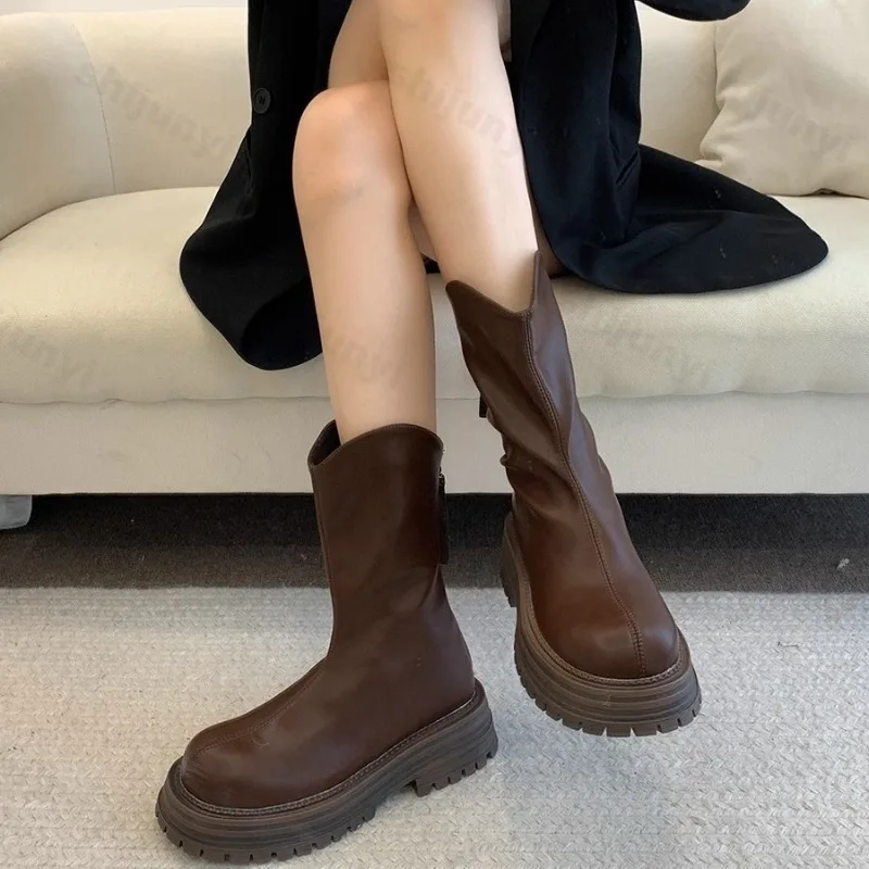 Women Boots New Thick Sole Stacked Fashion Brown Black 2025 Short Boots Wrinkled Leather Platform Casual Botines Chelsea Shoes