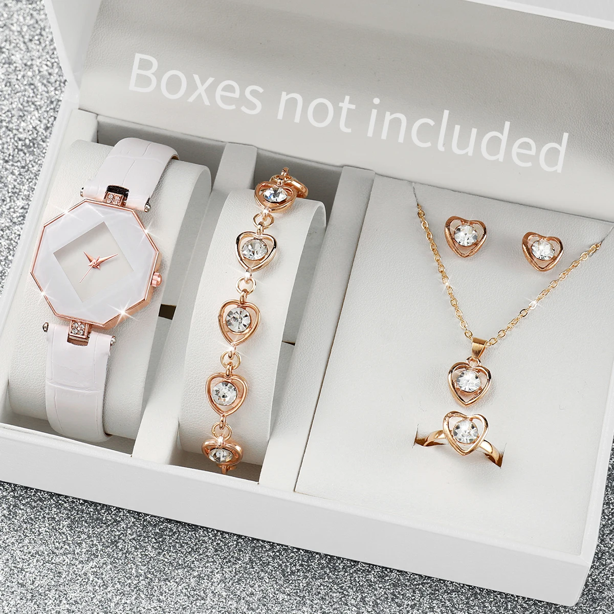 Ensemble de bijoux de luxe pour femme, boîtier en losange, montre à quartz, coeur d'amour, diamant, 6 pièces par ensemble