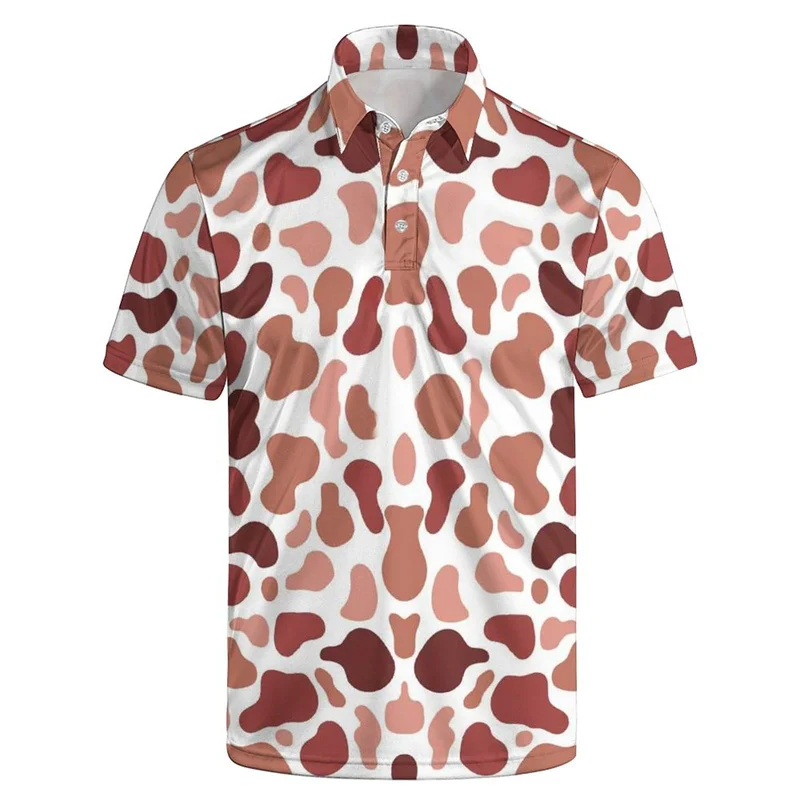 Leopard Cow Texture Graphic Polo Shirt For Men 3d Print Short Sleeve Summer Loose Button Lapel Tees Casual Street T-Shirts